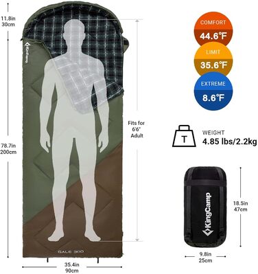 Сплячий мішок KingCamp для дорослих, зимовий | Фланелевий, теплий, 3-4 сезонний, великий, легкий, водостійкий, 2,2 кг, Beangreen/Braun (для кемпінгу, трекінгу, хайкінгу)