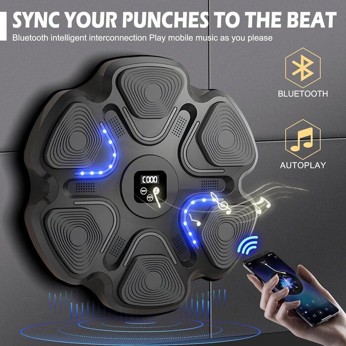 Музична боксерська машина MaxEarn для дорослих та дітей з LED-підсвіткою, Bluetooth, 9 режимів швидкості та лічильник ударів, у комплекті боксерські рукавички