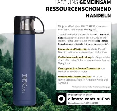 Термос 720°DGREE Thermoskanne з чашкою 450 мл 'Follow', 3 розміри, 12 год гаряче, 24 год холодне, без протікань, BPA-Free, з нержавіючої сталі, ізотермічна пляшка. Ідеально для роботи, дітей, школи, малюків (1000 мл, Sapphire Blue | Robust Matt | Blue)