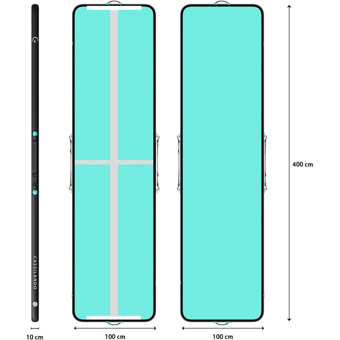 Гимнастичний мат Airtrack CASSILANDO надувний для тамблінгу та йоги, 400x100x10 см, м'ятно-чорний, з насосом