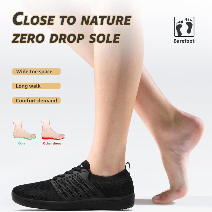 ASHION Взуття для ходьби та бігу без шкарпеток (унісекс), широка модель, чорний колір, 41 EU