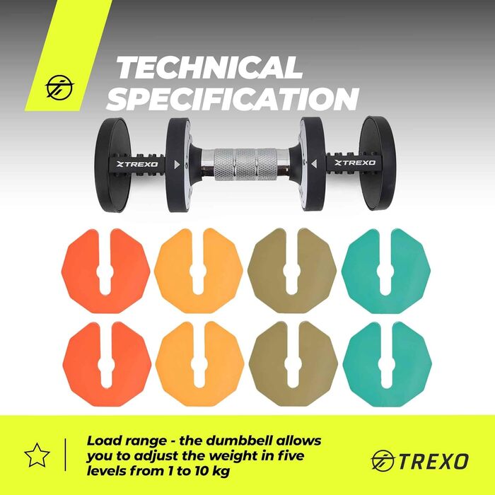 Регульований набір гантелей TREXO 2x5 кг зі сталі з неслизькими ручками. Ідеально для силових тренувань вдома та в спортзалі. Стабільна підставка (багато кольорів, 2x10 кг)