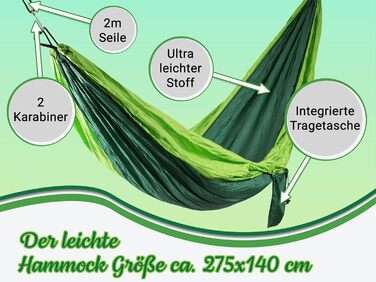 Гамак односпальний Zollner зі змішаної тканини, зелений, 275x140 см, з сумкою для транспортування, смугастий дизайн, висока вантажопідйомність