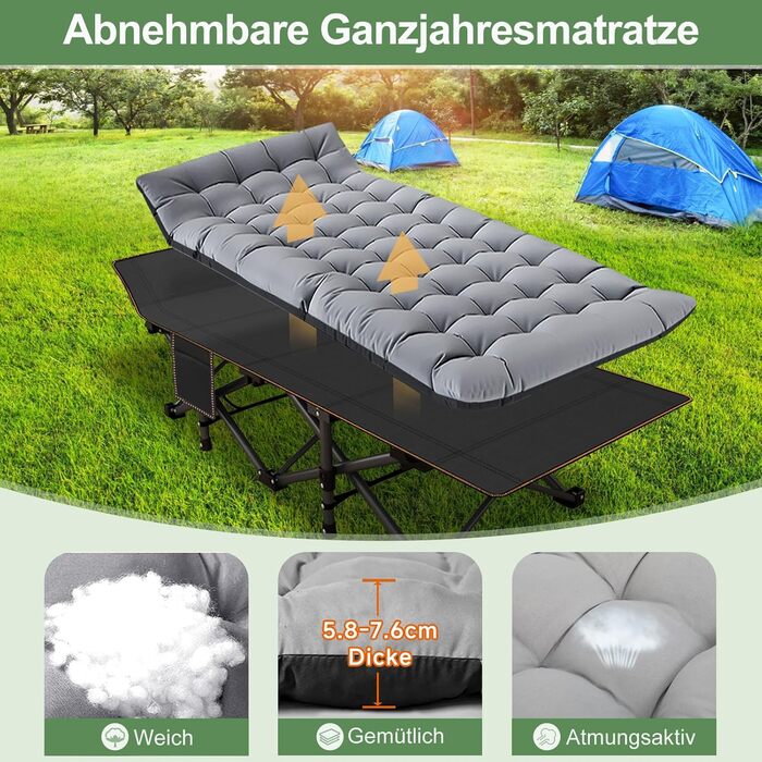 Велике розкладне ліжко з матрацом – 198x81x46 см, 400 кг, сталевий каркас, Oxford-тканина, для дорослих, сад, подорожі (Сірий)