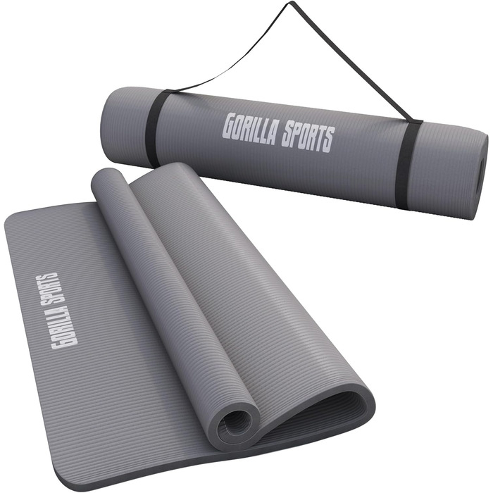 Фітнес-мат для йоги GORILLA SPORTS 190x60x1,5 см, сірий, нековзний, без фталатів, з ременем для перенесення