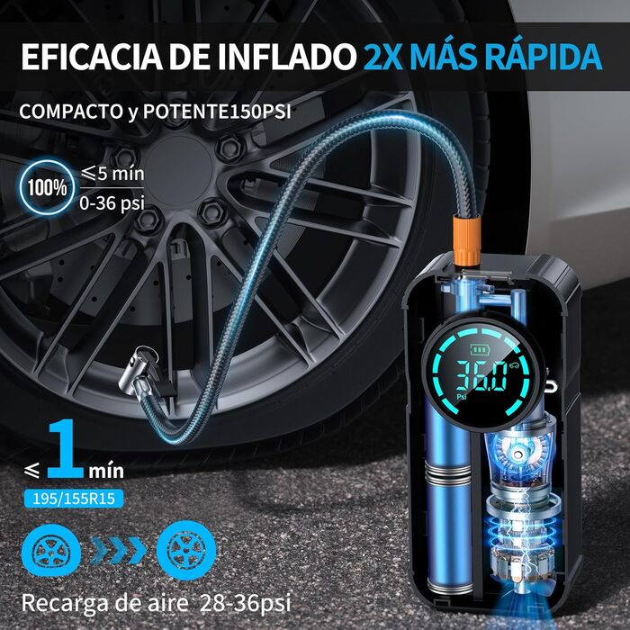 Портативний електричний компресор 150PSI, міні насос для шин з цифровим LED-дисплеєм, 4 насадки, 12В, акумуляторний, для авто, мотоцикла, велосипеда, м'ячів