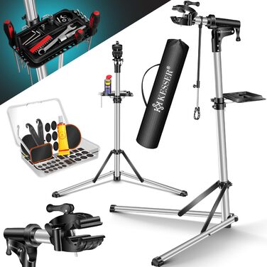 Підставка для збирання велосипедів KESSER® Profi Alu: міцна, 360° обертання, для гірських, електровелосипедів та ремонту. У комплекті сумка, ремкомплект та магнітна підставка для інструментів.