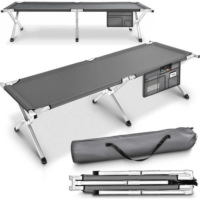 Кемпінгове ліжко TRESKO XXL з металу, 210 x 90 x 42 см, сіре, до 150 кг