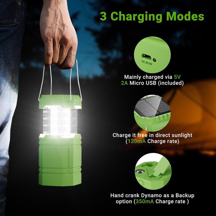 Сонячна кемпінгова лампа LED, водонепроникна, з ручкою, акумулятор 3000mAh, для туризму, риболовлі, SOS, відключень електроенергії (зелена)