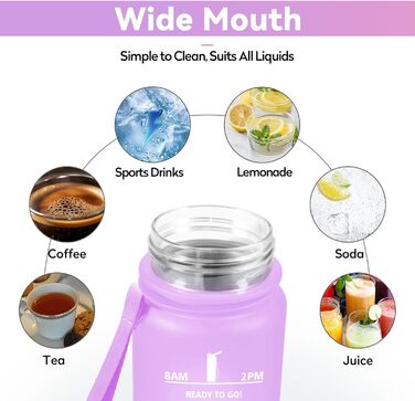 Спортивна пляшка 1л з позначенням часу, фільтром, для води з газом, без витоку. Підходить для велосипеда, бігу, дорослих. Колір: лавандово-рожевий