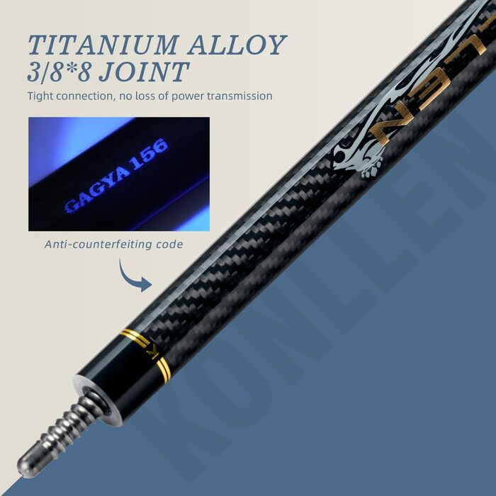 KONLLEN Billardqueue з вуглецевого волокна, 58 дюймів, професійний більярдний кий для дорослих, технологія Vollcarbon, мінімальний відгін, наконечник 12.5 мм (Pro Taper, ультрагладкий) KL-3K