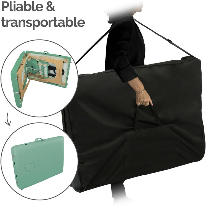 Розкладний масажний стіл Vivezen з 3 зонами, дерев'яний з Reiki-панеллю, аксесуари та сумка, пастельно-зелений