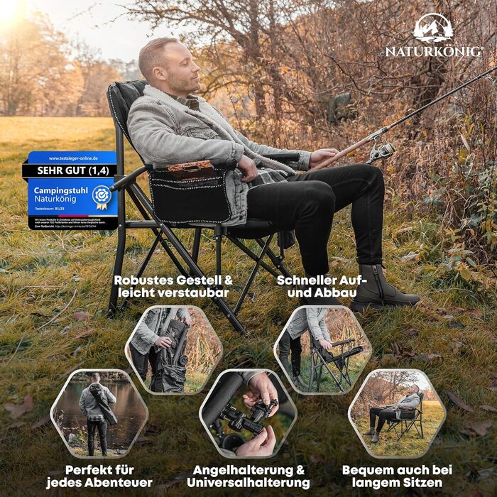 Зручний складаний стілець для кемпінгу та риболовлі, 160 кг, з подушкою та кишенею для напоїв (Чорний)