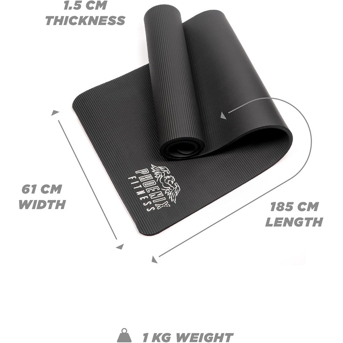 Фітнес-килимок Phoenix Fitness RY1068, NBR, двосторонній, нековзкий, 180x60 см, 12 мм, сірий