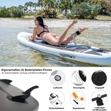 Надувна SUP-дошка SereneLife з повним комплектом аксесуарів: весло, насос, антиковзке покриття, рюкзак для перенесення, для дітей та дорослих, чорна та сіра