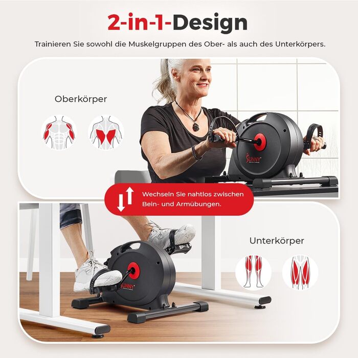 Магнітний міні-велотренажер Sunny Health & Fitness Smart-Heimtrainer: підстольний педальний тренажер для літніх людей та кардіо-тренувань вдома, темно-сірий