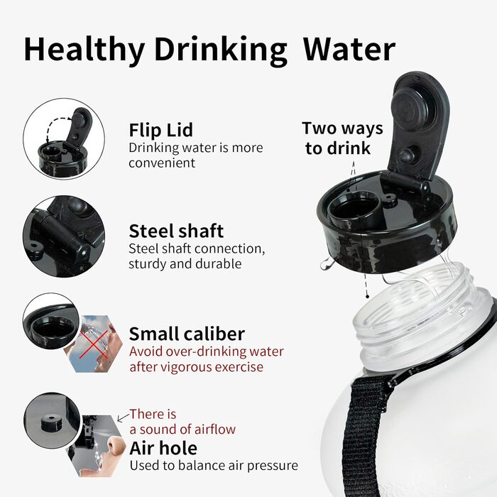 Фляга для води TOOFEEL 2л BPA free, велика спортивна фляга з позначеннями об'єму - 2200 мл