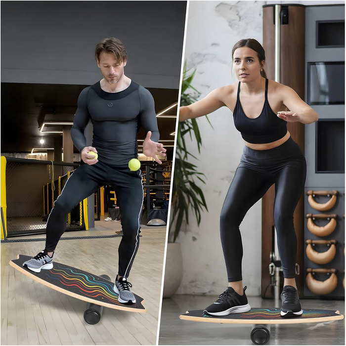 Балансборд Surfin Holz: Дерев'яний балансборд для дітей та дорослих, 6 режимів, тренування рівноваги, 79.5 x 34.5 см, стилі Wellenlinien/S