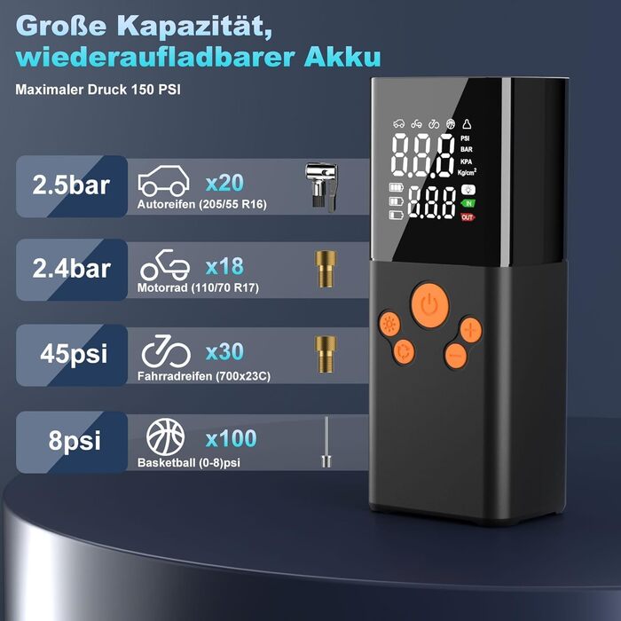 Електричний акумуляторний компресор-насос 150PSI 10000mAh з LCD-дисплеєм, портативний насос для шин і матраців