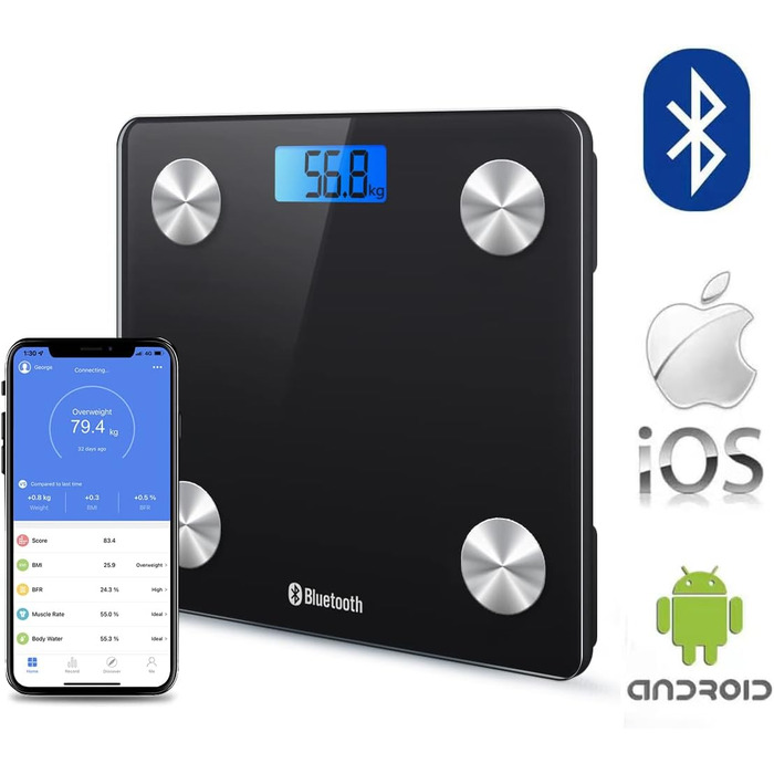 Інтелектуальна вага для тіла HomeFashion HFitness з Bluetooth, вимірювання жиру, BMI, iOS/Android, 28x28 см, білий корпус з блакитною підсвіткою