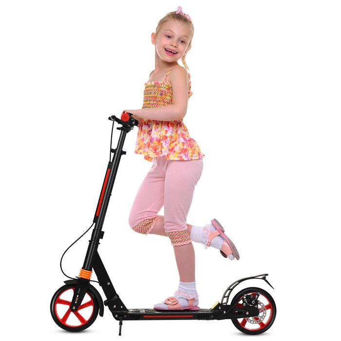 Самокат трюковий GYMAX, регульована висота, складний, з колесами 200 мм, подвійна підвіска, дзвінок та ремінь, до 100 кг, для дітей та дорослих (чорний)