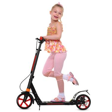 Самокат трюковий GYMAX, регульована висота, складний, з колесами 200 мм, подвійна підвіска, дзвінок та ремінь, до 100 кг, для дітей та дорослих (чорний)