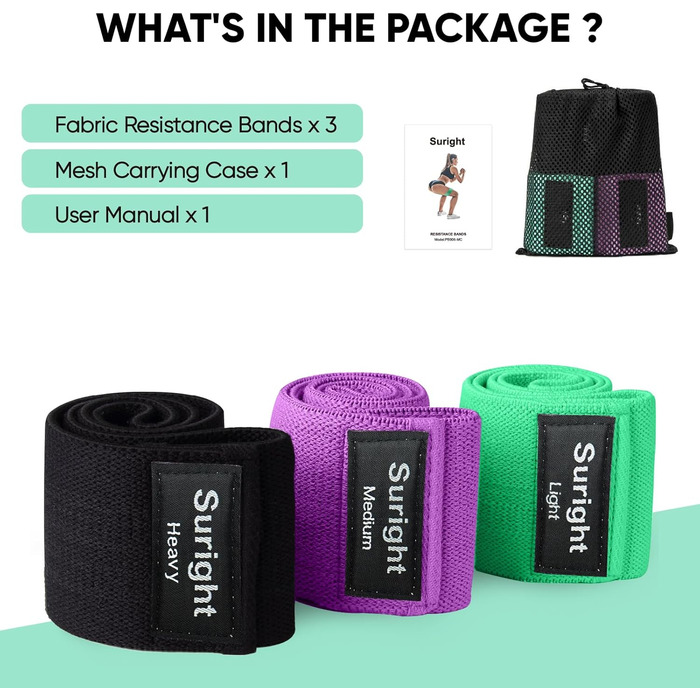 Стрічки опору для фітнесу [3 шт.] для сідниць та стегон, антиковзкі фітнес-стрічки для жінок/чоловіків, силові тренування, йога, пілатес (Чорний, фіолетовий, зелений)