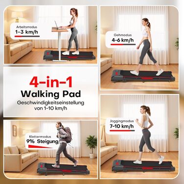 Бігова доріжка Walking Pad для дому з нахилом 9%, швидкість 1-10 км/год, потужність 2.5HP, LED-дисплеєм, дистанційним керуванням та 12 програмами, амортизація, до 150 кг, чорно-червона
