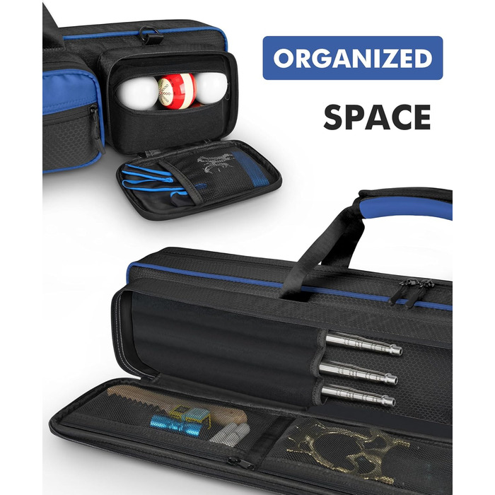 Сумка для більярду, 10 x 13 см, з кишенями на 4 кийки, 5 аксесуарів, з підкладкою, м'яка та міцна, з регульованими плечовими ременями для чоловіків та жінок, синього/чорного кольору