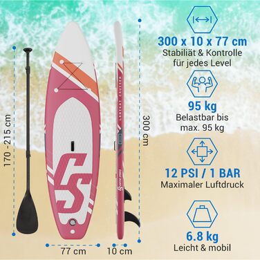 Надувна SUP-дошка CAPITAL SPORTS 9'8'', комплект: весло, помпа, сумка, аксесуари, до 95 кг, червона