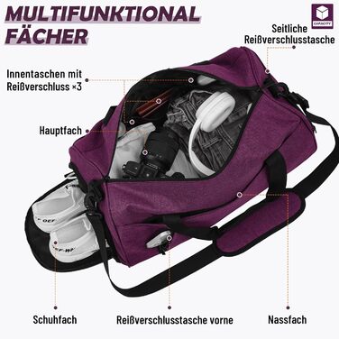 Спортивна сумка для жінок і чоловіків 35 л, дорожня сумка Duffel з відділенням для взуття та вологих речей, водонепроникна ручна поклажа для спортзалу, плавання, фіолетова