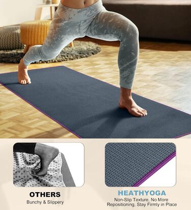 Килимок для йоги Heathyoga з антиковзким покриттям та рушником, не слизький (для мокрого використання), з високою адгезією (силіконове покриття), ідеальний для гарячої йоги, Аштанга