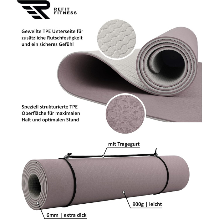 Килимок для йоги REFIT FITNESS Perfect-Fit 190 x 60 x 0,6 см з GeckoGrip та Sensi-Plus TPE. Нековзний, без шкідливих речовин + ремінь для перенесення. Підходить для гімнастики та спорту.