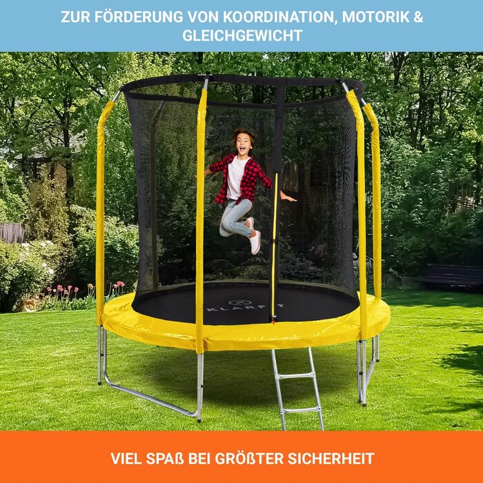 Трамплін Klarfit Jumpstarter для дітей, 250 см, жовтий: безпечний, з лебідкою та сіткою, для саду, фітнес, 5-9 років