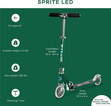 Дитячий самокат micro Sprite LED з підсвіткою, складаний, регульований кермо, для дітей від 5 років, у 6 кольорах