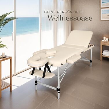 Масажний стіл Tectake 3 зони, складаний, з регулюванням висоти, з аксесуарами (підголовник, підлокітники, сумка) - бежевий