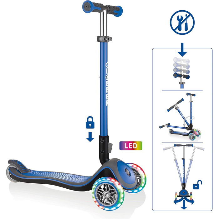 Дитячий самокат GLOBBER Elite, 3 колеса, LED, регульований, для дітей від 3 років, колеса 120/80 мм, підшипники ABEC 5