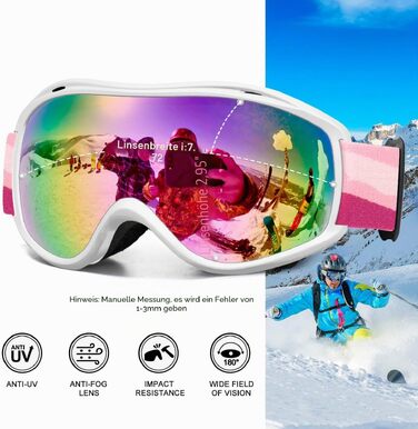 Лижна маска FMY для сноуборду OTG, протизапотіюча з UV400 захистом для чоловіків, жінок та підлітків (біла рама, рожеві лінзи)