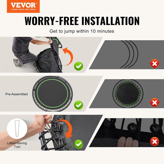 Міні-трамплін VEVOR для фітнесу та ребаунду, діаметр 1295 мм, вантажопідйомність 205 кг, з регульованим руків'ям та 42 ременями