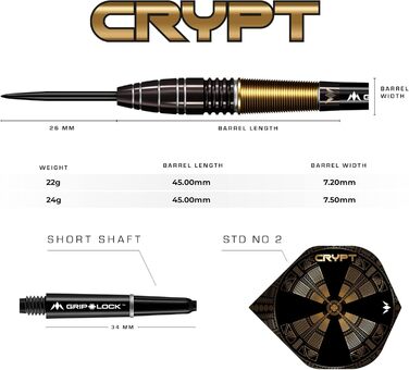 Набір дротиків Mission Darts Crypt 90% вольфрам, чорний і золотий, PVD-покриття, сталевий наконечник, різні стилі та ваги