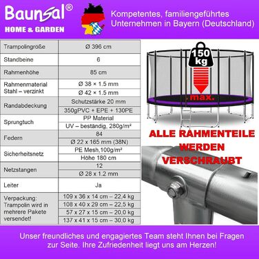 Трамплін Baunsal® для саду Ø 396 см (FGOS) з комплектом для дітей. Ідеальний дитячий трамплін для активних ігор на вулиці. Кольори: фіолетовий та чорний.