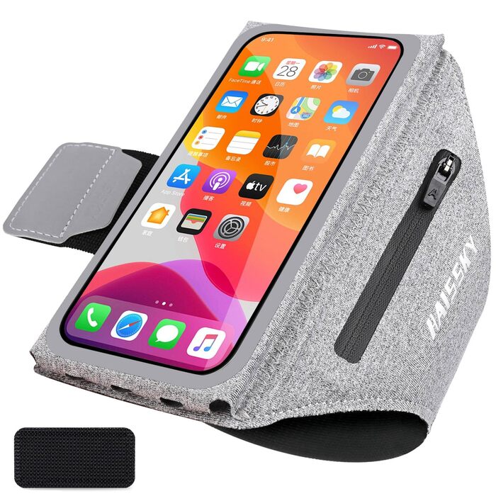 Чохол-тримач для телефону на руку Razobws для бігу з кишенею для навушників, сумісний з iPhone 17 16 15 14 13 12 11 Pro Max, Galaxy S24 S23 Ultra, чорний/сірий (до 6.8 дюймів)