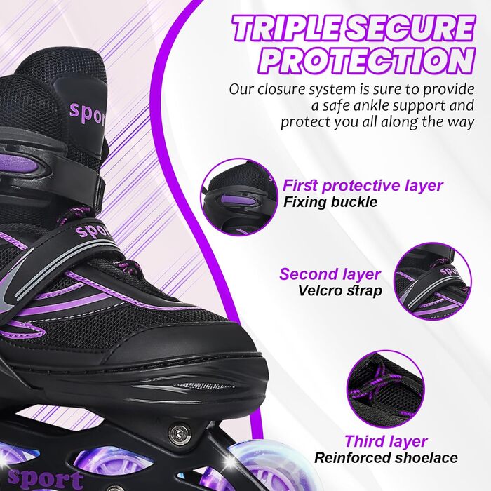 Регульовані ролики для дітей (дівчатка та хлопчики), ролики з підсвічуванням коліс, для занять спортом в приміщенні та на вулиці, фіолетовий & синій, чорний & фіолетовий