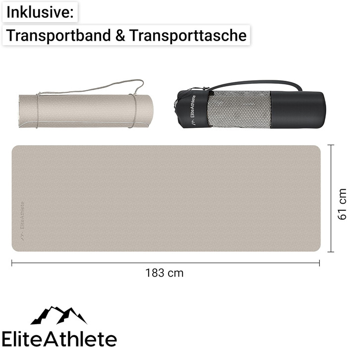 Килимок для йоги EliteAthlete - спортивний, фітнес, гімнастичний з антиковзаючим покриттям. Розмір 183x61x0.6 см. В комплекті: сумка та ремінь для перенесення. Колір: світло-капучино/слонова кістка