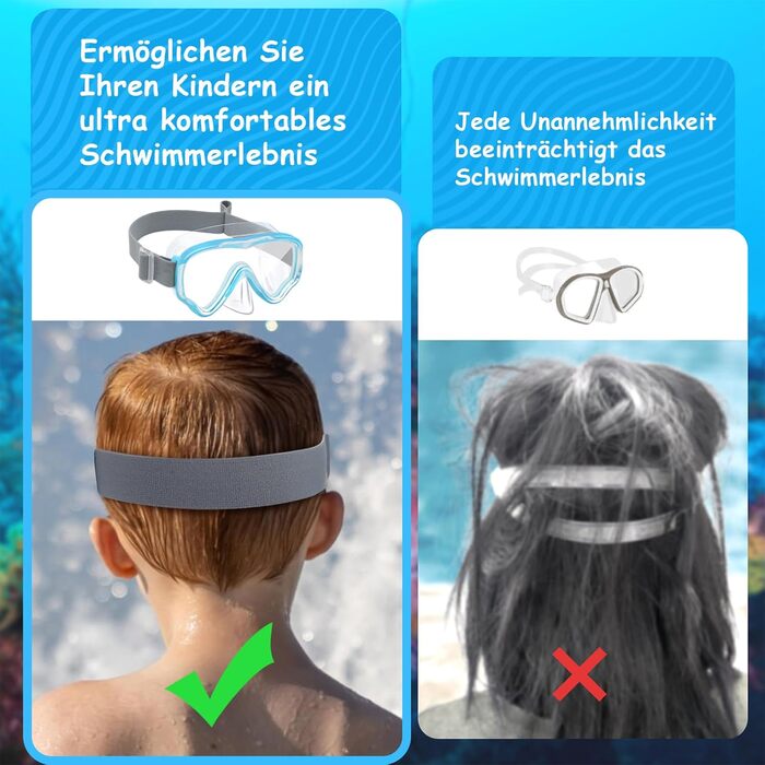 Дитячі маски для снорклінгу Vvinca: маска для плавання з тканинним ремінцем, 180° панорама, анти-тік, для дітей 3-13 років (блакитний)