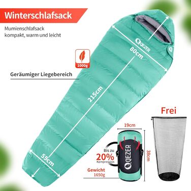 Спальний мішок пуховий теплий зимовий 0°C -23°C для дорослих та дітей, 4 сезони, кемпінг, відпочинок на природі, чорний, зелений