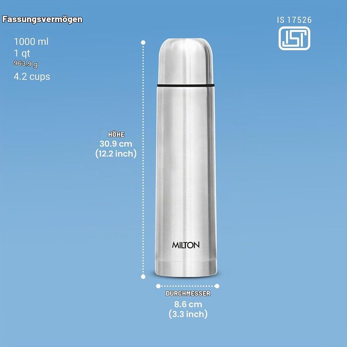 Термос Milton Thermosteel Flip Lid 1000 мл, вакуумна stainless steel пляшка для напоїв (гарячі та холодні), герметична, срібляста