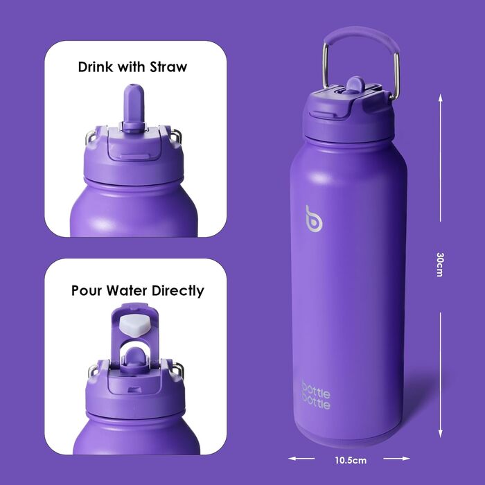 Спортивна пляшка BOTTLE BOTTLE, 1,2 л, нержавіюча сталь, ізольована, з трубочкою та контейнером для пігулок, темно-фіолетова
