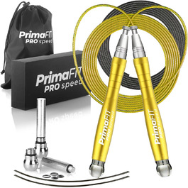 Скакалка PrimaFIT для дорослих: професійна, з регулюванням, з вагою, 3м, 2 підшипники, антиковзні ручки, для боксу, MMA, кросфіту, сталеве тросик, сумка (золота)