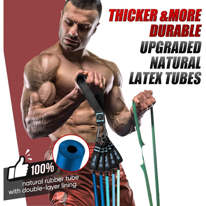 Набір еластичних стрічок для фітнесу HPYGN, 150lbs/200lbs/250lbs, 5 рівнів опору, з ручками, манжетами для щиколоток та анкером для дверей, сумкою, для занять вдома та на вулиці, синій